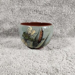 Studio Pottery Dragonfly Cattail Ceramic Bowl Blue Terracotta Signed Small